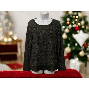 Chico's Womens Metallic Faux Leather Trim Blouse Size 1 Black Long Sleeve